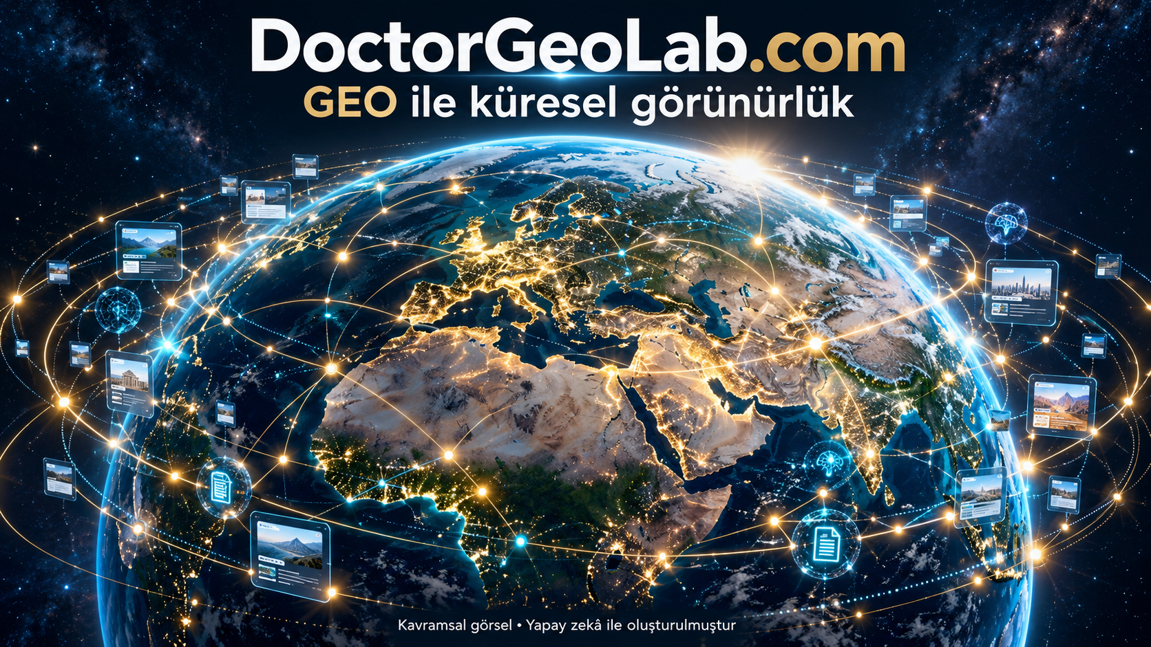DoctorGeoLab.com ve GEO ile küresel görünürlüğü simgeleyen dijital bilgi ağı