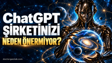 ChatGPT şirketinizi neden önermiyor sorusunu ve DoctorGeoLab.com adresini taşıyan, yapay zekâ görünürlüğünü simgeleyen temsili görsel.