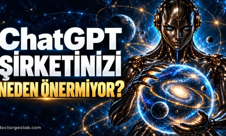 ChatGPT şirketinizi neden önermiyor sorusunu ve DoctorGeoLab.com adresini taşıyan, yapay zekâ görünürlüğünü simgeleyen temsili görsel.